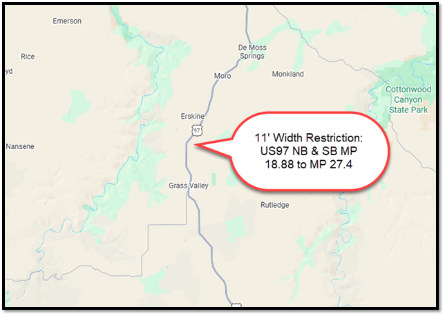US97 NB & SB MP 18.88 to MP 27.4 11' Width Restriction