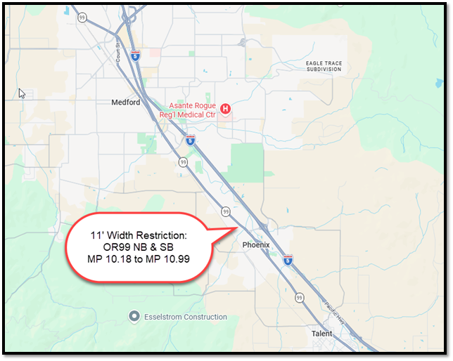 OR99 NB & SB MP 10.18 to MP 10.99 11' Width Restriction