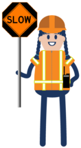 Cartoon construction worker holding "slow" flagging paddle