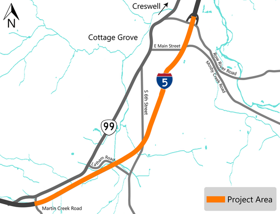 Project area map highlighting work on I-5 from Martin Creek Road to Cottage Grove