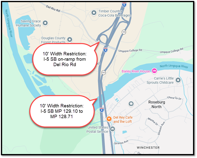 10' Width Restriction I-5 SB MP 129.10 to MP 128.71 and the Del Rio on-ramp