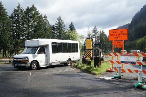 View of the ADA-accessible shuttle parked at John B. Yeon Trailhead. View the handout for shuttle pickup and drop-off locations.