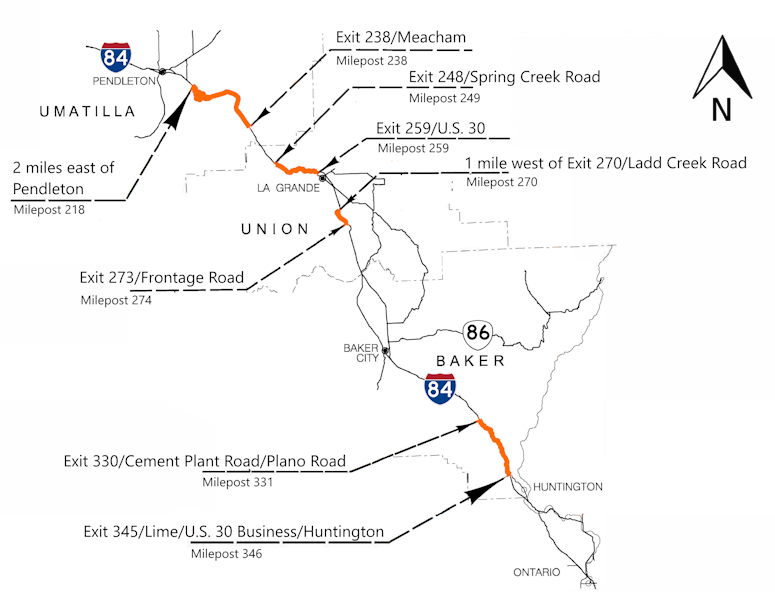 Map showing locations of I-84 Durable Striping project