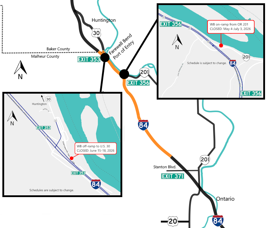 Map of I-84 ramp closures for Exit 353 and Exit 356.