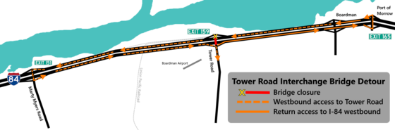 Detour map for Tower Road Interchange Bridge over I-84