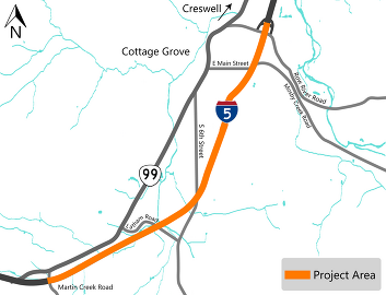 Project area map highlighting I-5 in Cottage Grove