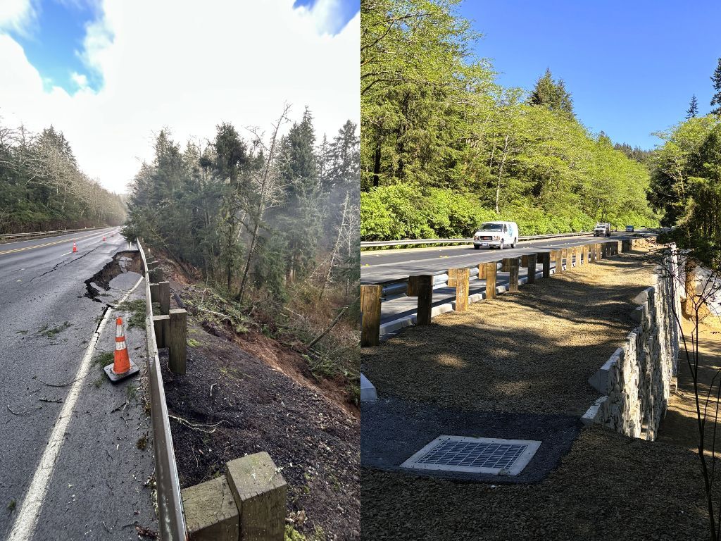 U.S. 101 south of Neskowin before and after emergency repairs following the December 2025 landslides.