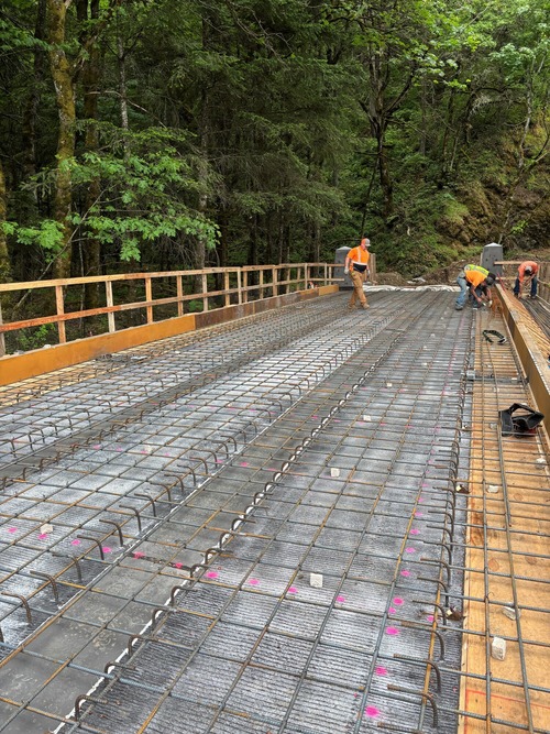 Crews install rebar before pouring the Perham Creek Bridge surface.
