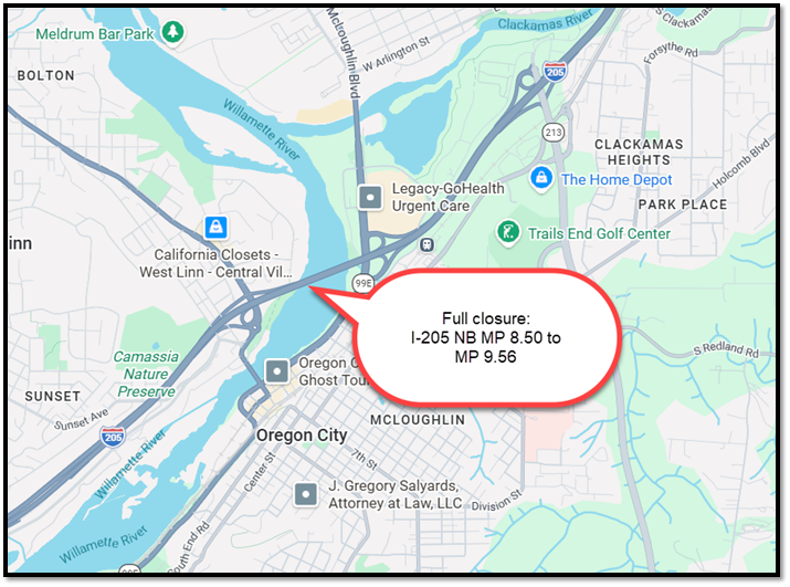 Full Closure I-205 NB MP 8.50 to MP 9.56