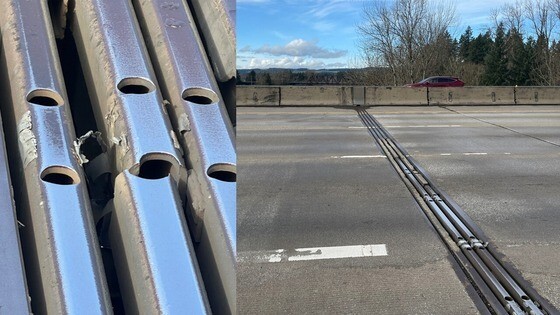 A bridge joint on the Interstate 5 Boone Bridge before repairs (left). An example of I-5 lanes with a bridge joint are on the right.