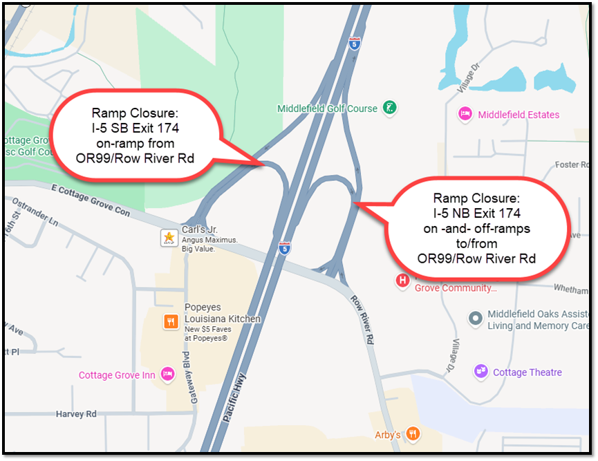 ramp closure for II-5 NB on and off rmaps and SB Exit 174 on ramp