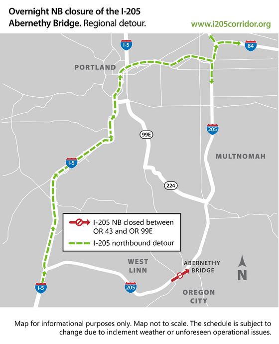 Detour for Abernethy Bridge overnight closures if you normally use Interstate 205.