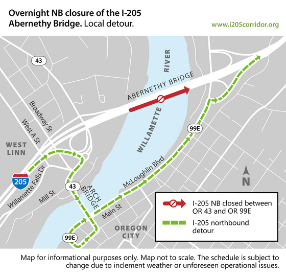 Detour for local traffic during overnight closures of Abernethy Bridge.