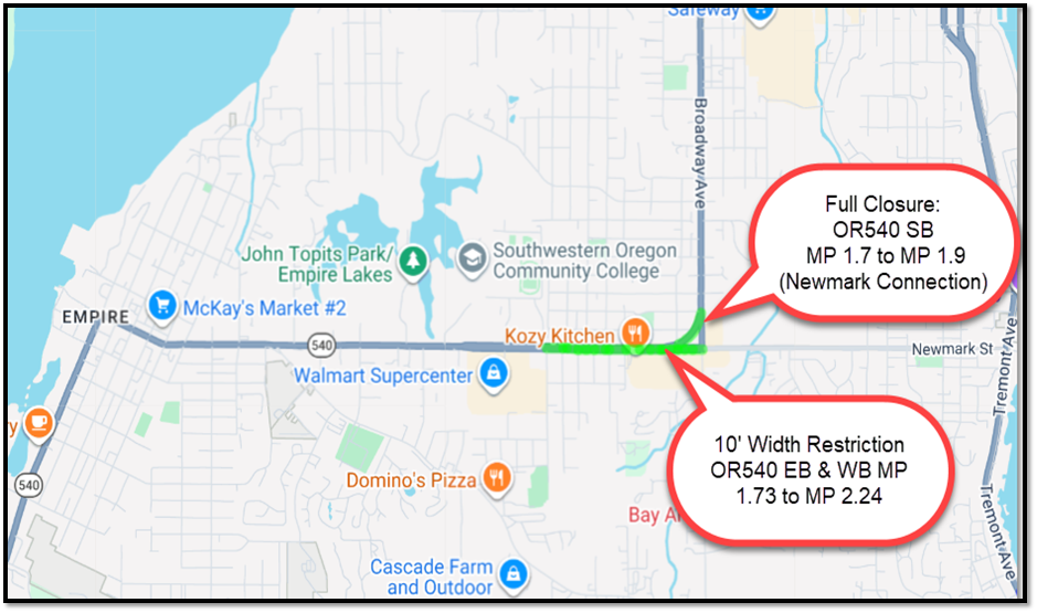 OR540 Full Closure and 10' Width Restriction