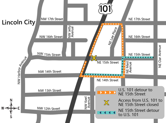 Detour map showing routes to take during NE 15th Street closure
