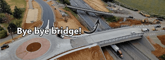 Aerial gif of the old Battle Creek Road Bridge with text "Bye bye Bridge"