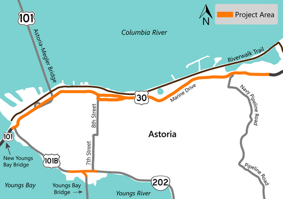Project area map highlighting work areas in Astoria
