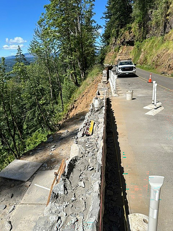 Rock wall repair under way between Larch Mountain Road and Vista House on Historic Columbia River Highway.