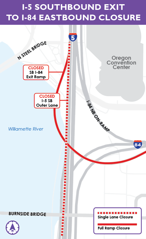Graphic depicting I-5 southbound Exit 301 to I-84 eastbound closure near the Oregon Convention Center. 
