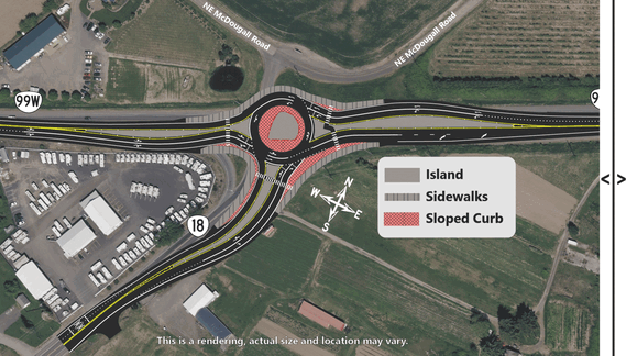 Aerial gif showing before and after construction drawing of roundabout