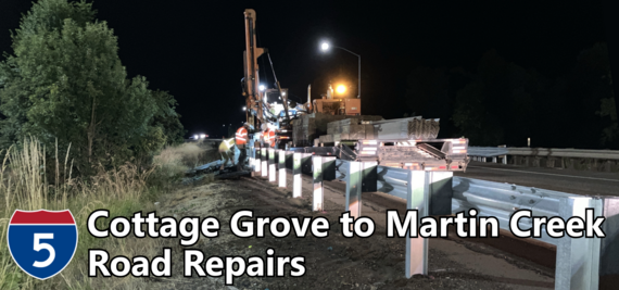 Photo showing guardrail being installed on I-5 with text: I-5 Cottage Grove to Martin Creek Road Repairs
