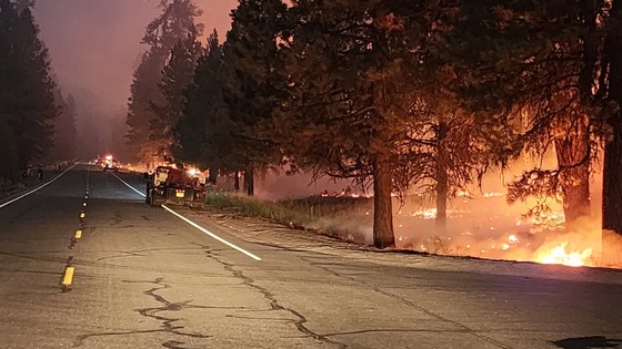 A fire burns in the woods at night along a highway and fire trucks are parked on the side of the road
