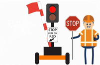 Construction worker holding stop paddle next to automated flagging assistant device gif