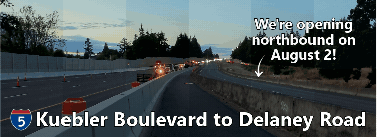 Video of traffic on newly paved southbound I-5. Text: I-5 Kuebler Boulevard to Delaney Road. We're opening northbound on August 2!