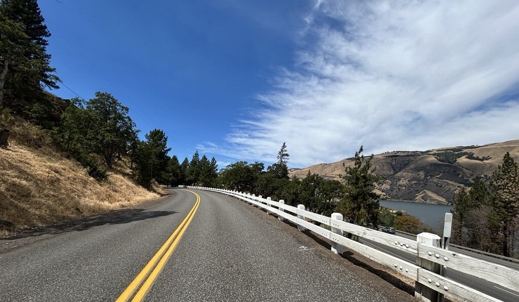 New guardrail lines the Historic Columbia River Highway. 