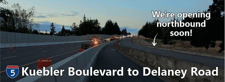 Video showing traffic on newly paved southbound I-5, text: I-5 Kuebler Boulevard to Delaney Road, we're opening northbound soon!