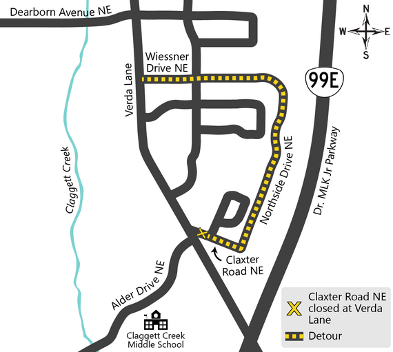 detour map showing Claxter Road closure at Verda Lane