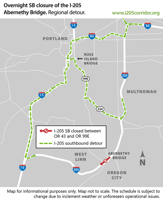 Regional detour map for southbound Interstate 205 closure
