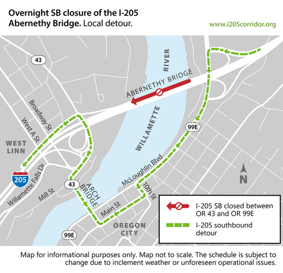 Local detour for southbound Interstate 205 closure at Abernethy Bridge