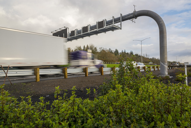 A truck driving on I-205.