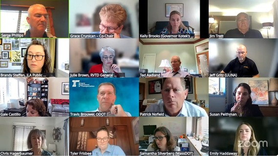 Screenshot of virtual meeting shows 16 people listening to a presentation by one person
