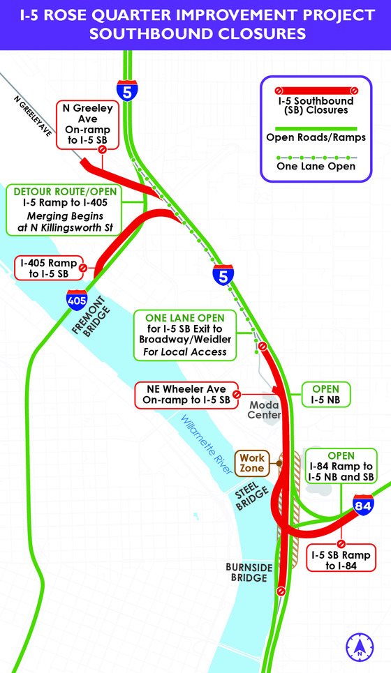 Southbound Interstate 5 Rose Quarter extended closure map.