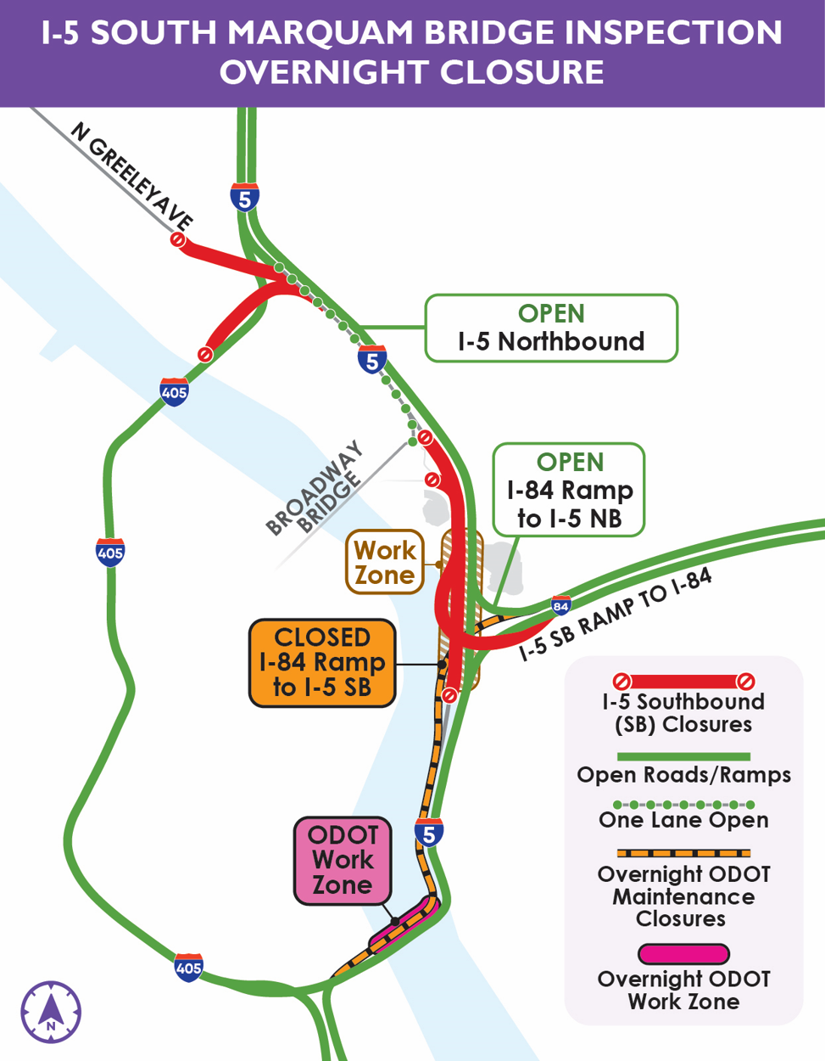 Map of I-5 southbound overnight closure for inspection of the Marquam Bridge