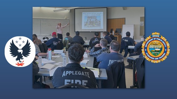 Fall Fire School banner with NFA Logo, DPSST Logo and picture of 2025's Winter Fire Class