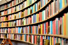 Curved shelves full of colorful books