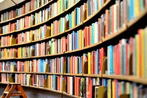 Curved shelves full of colorful books