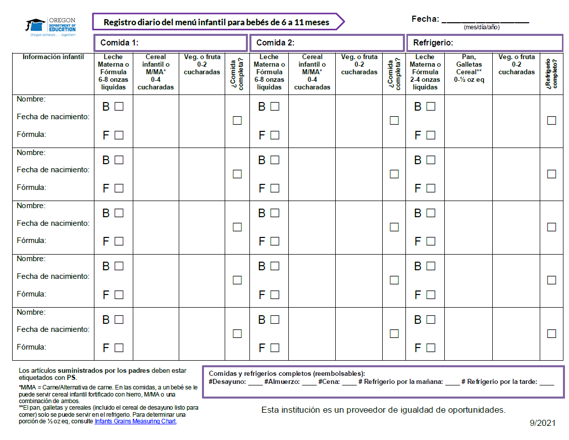 Image of Spanish Language Infant Menu