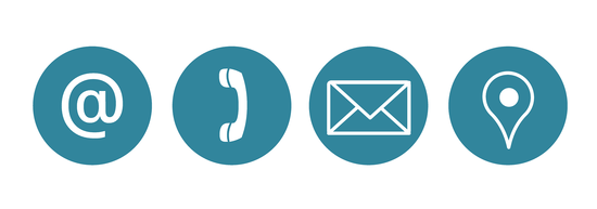 Icon image of @, phone, mail, and location marker
