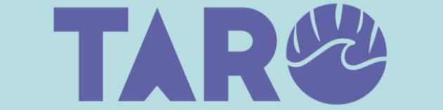 TARO Logo,  purple text on a light blue background
