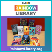 GLSEN 'Rainbow Library' text over a table stacked with books