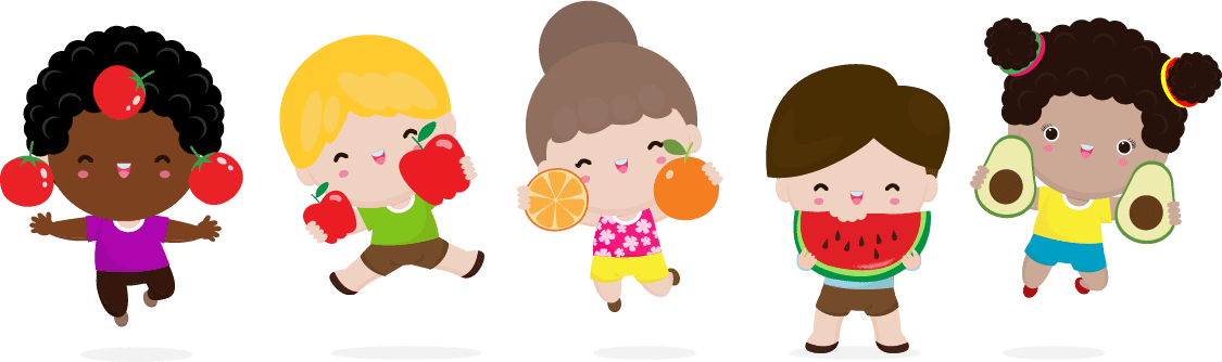 Mealtime memo banner with drawings of five happy children with fruits