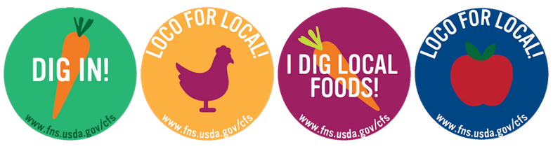 Image of four stickers, circle with image of carrot, chicken, with saying 'I dig local foods!'