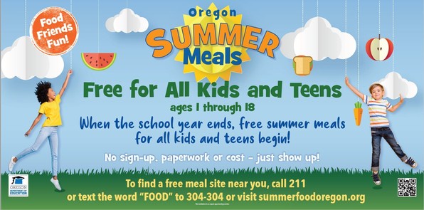 Image of banner with blue background with children leaping and the words Oregon Summer Meals Free for All Kids and Teens