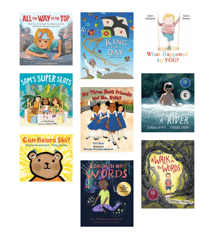 image including diverse books including children with disabilities. 