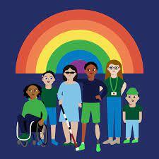 Illustration on blue background with children standing or in wheel chairs in front of a rainbow