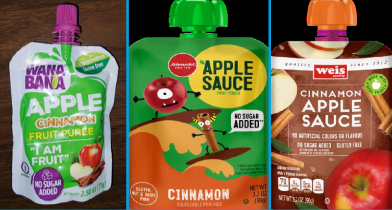 Image of three apple sauce pouches, from Wana Bana, Schnucks, and Weis